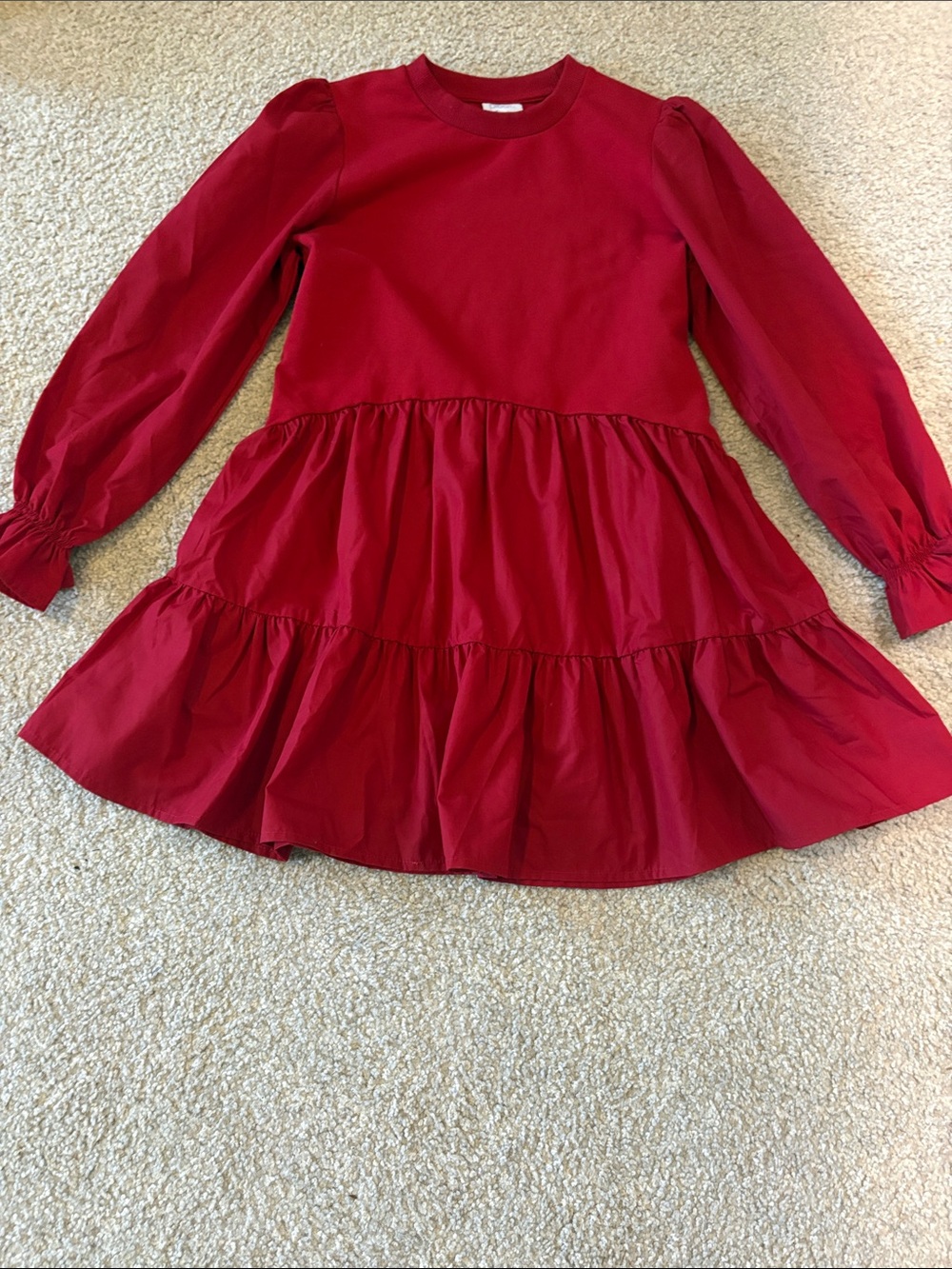 Girls' Crimson Tiered Long-Sleeve Casual Dress